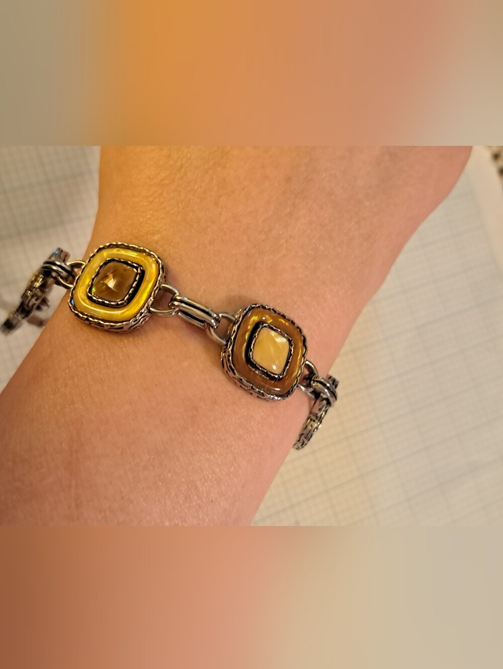 Lia Sophia Set Earrings & Silver Link Bracelet with Yellow Tan Enamel Squares
